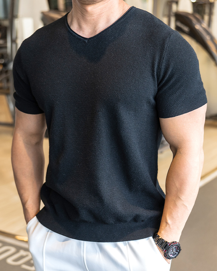 Classic V-Neck Knit Tee Short Sleeves - Ahaselected