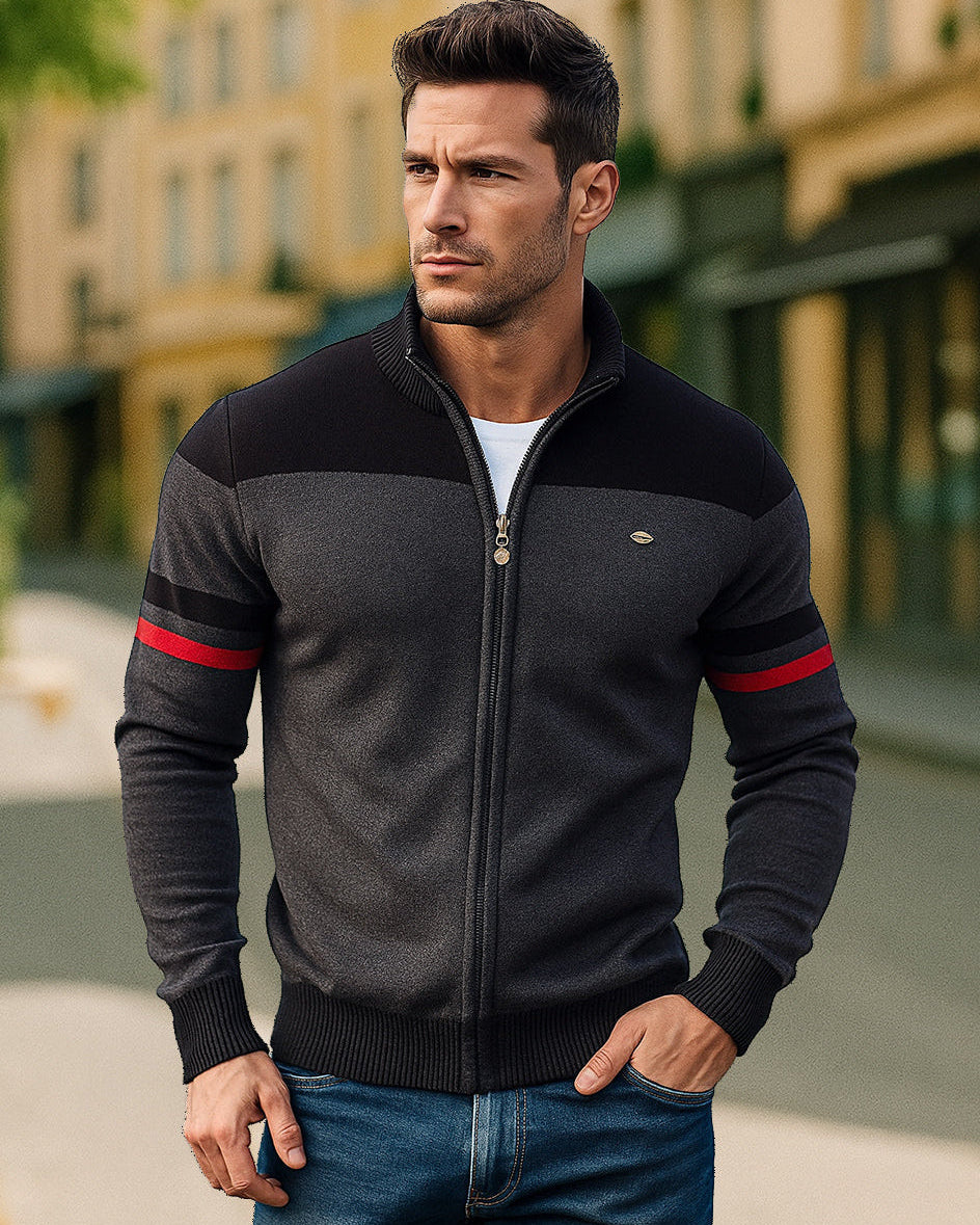 Classic Colorblock Zip-Up Knit Cardigan - Ahaselected