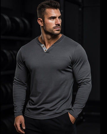 Herren-Baumwollhemd im Henley-Stil mit V-Ausschnitt und langen Ärmeln