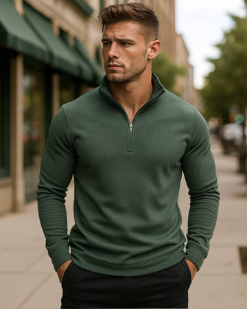 Top termico basico da uomo in pile caldo con mezza cerniera e collo alto finto