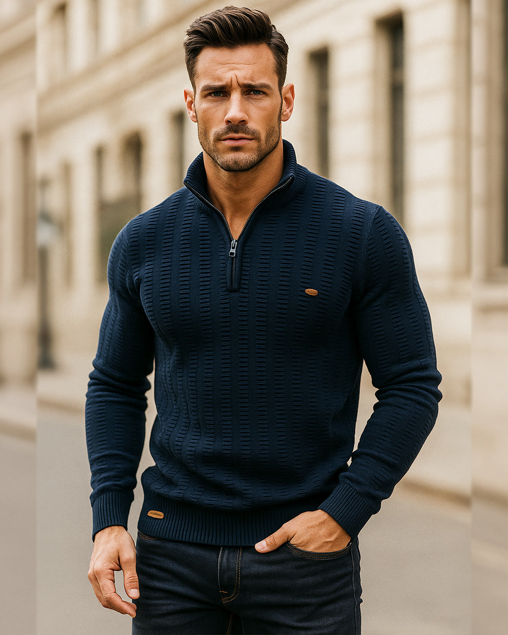Men’s Textured Half-Zip Knit Sweater - Ahaselected