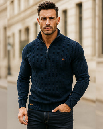 Herren-Strickpullover mit Struktur und halbem Reißverschluss