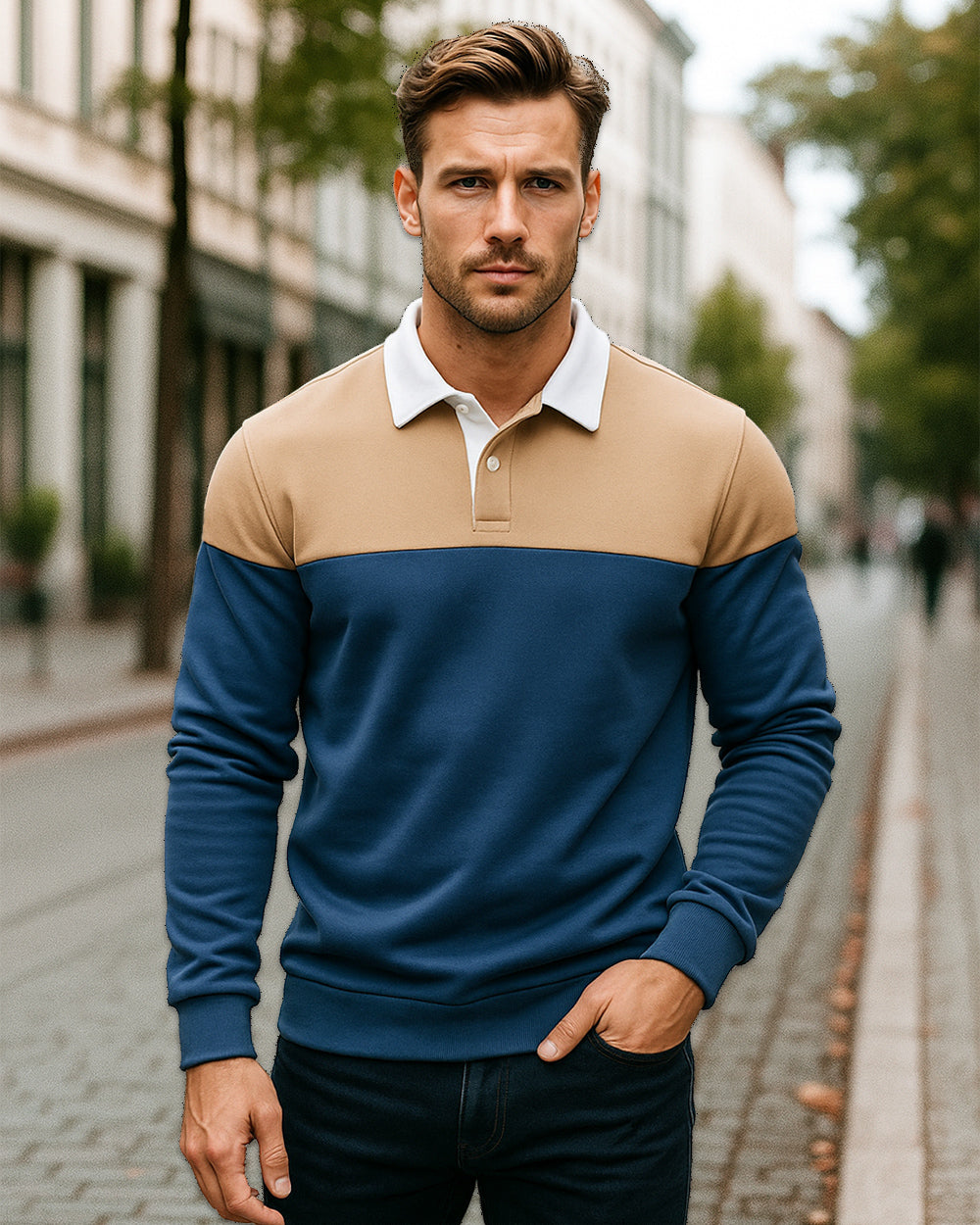 Colorblock Warm Long Sleeve Polo Shirt - Ahaselected