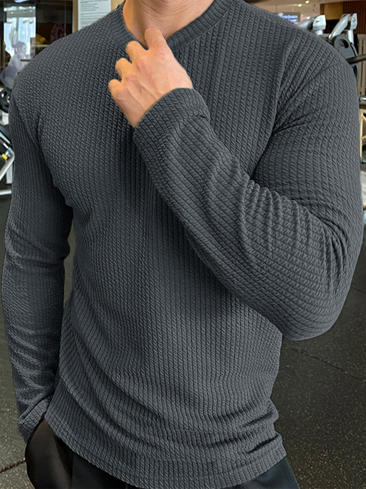 Texture Grid Crewneck Pullover Long Sleeve Shirt New (app only) - Ahaselected