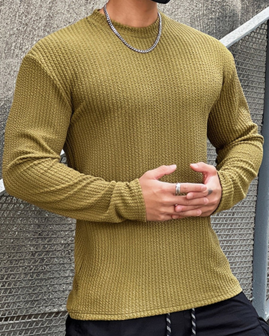 Texture Grid Crewneck Pullover Long Sleeve Shirt New (app only) - Ahaselected
