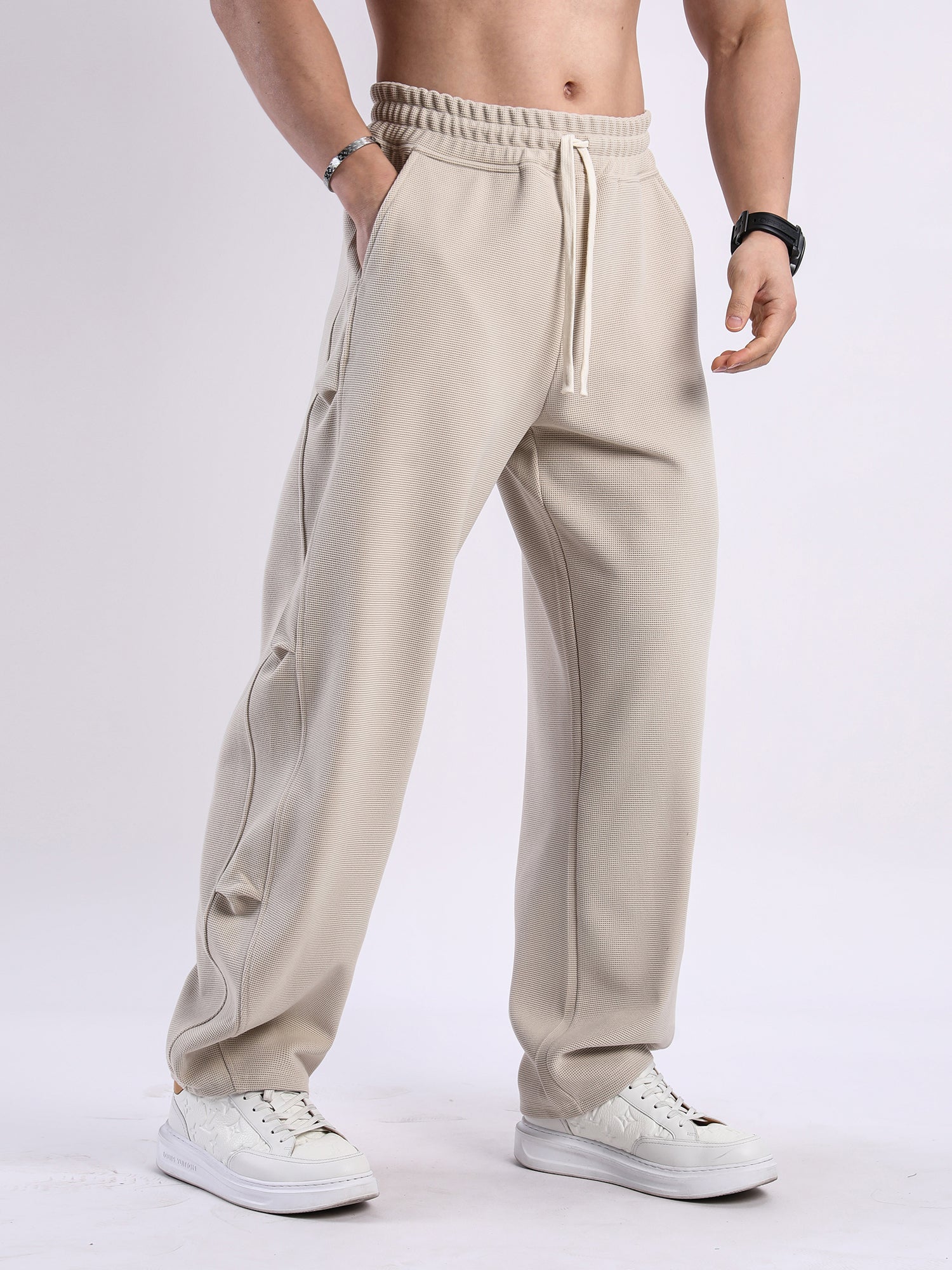 Waffle Texture Wide-Leg Straight Jogger Pants-thumbmail-3