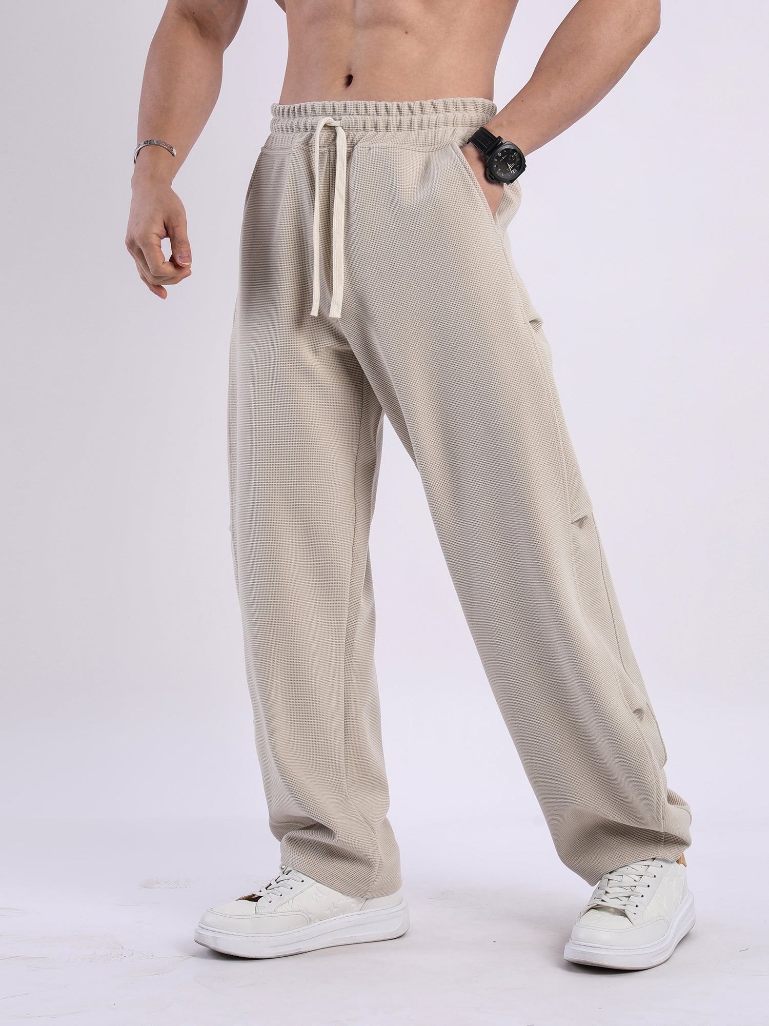 Waffle Texture Wide-Leg Straight Jogger Pants-thumbmail-6