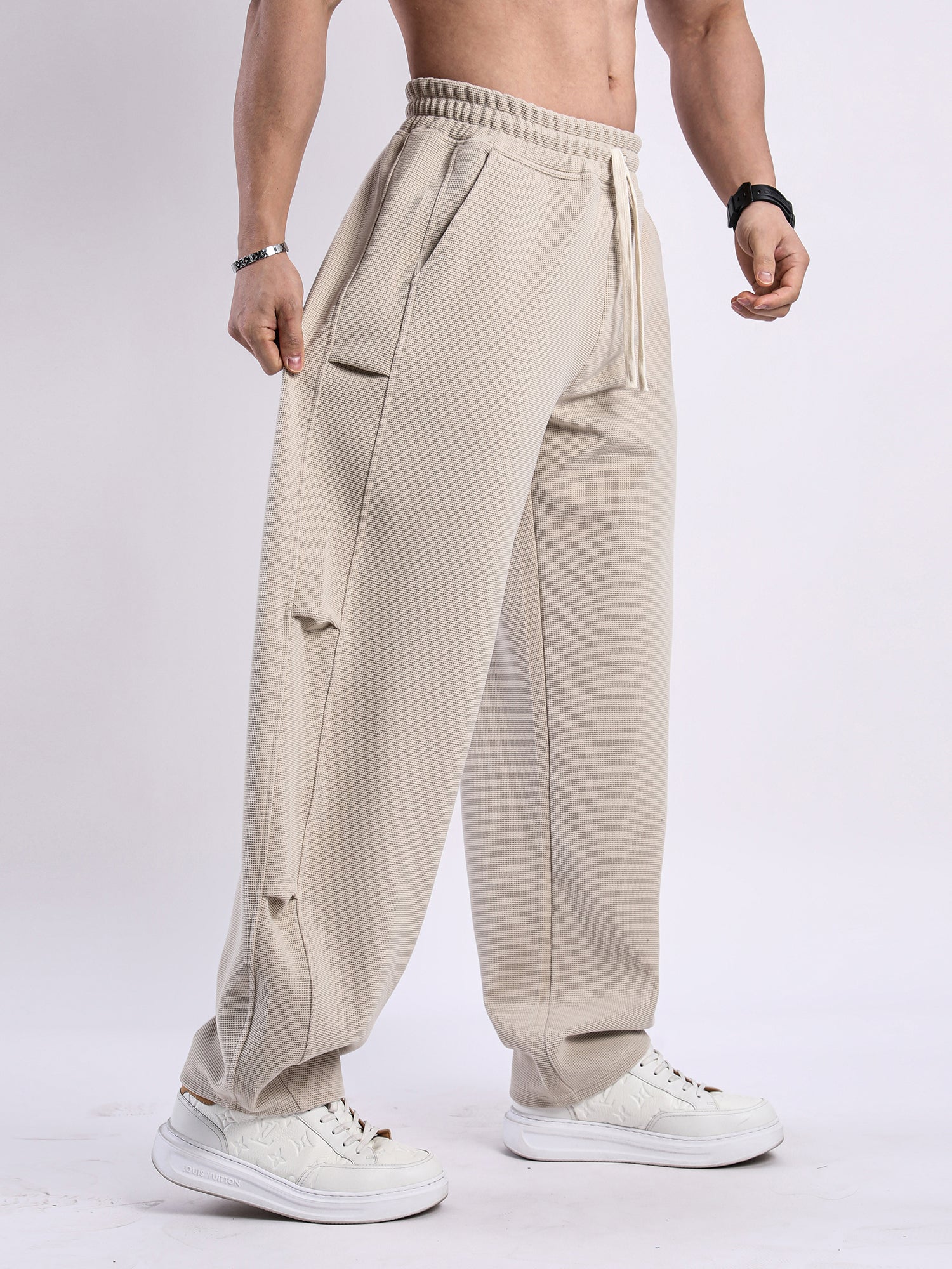 Waffle Texture Wide-Leg Straight Jogger Pants-thumbmail-5