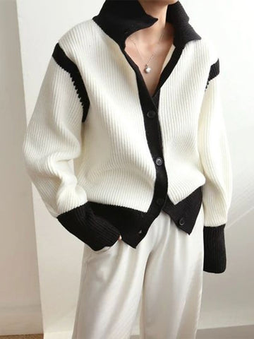 Cozy High Neck Color-Block Knit Cardigan
