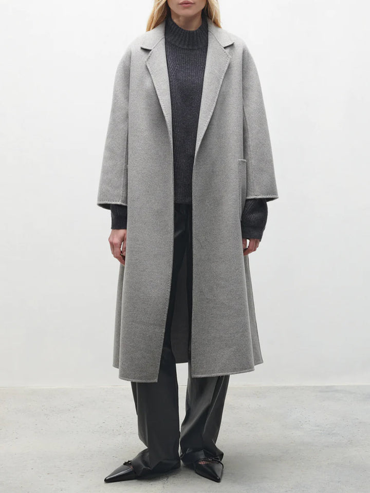 100% Wool Waist-Tie Long Coat with Side Pockets