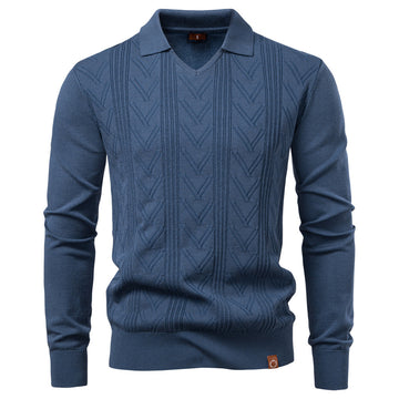 Men’s Textured Knit V-Neck Polo Sweater