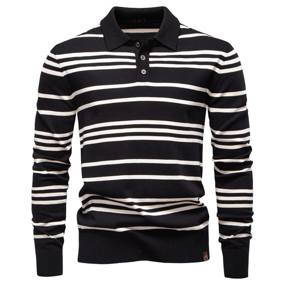 Men's Striped Polo Neck Knitted Sweater With Lapel Collar - Ahaselected