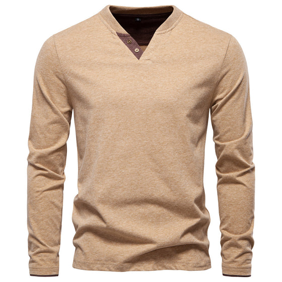 Solid Color Long Sleeve T-Shirt V-Neck For Men - Ahaselected