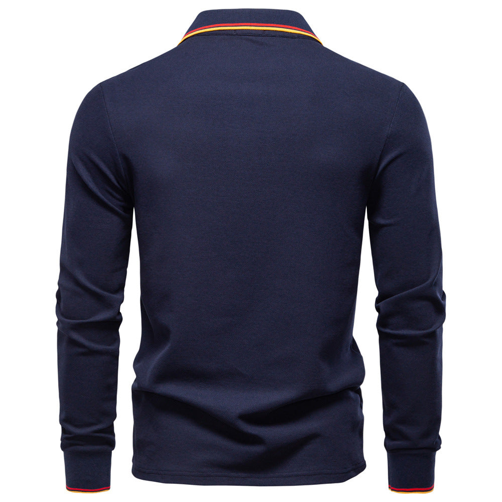 Long Sleeve Polo Shirt with Stripe Collar - Ahaselected