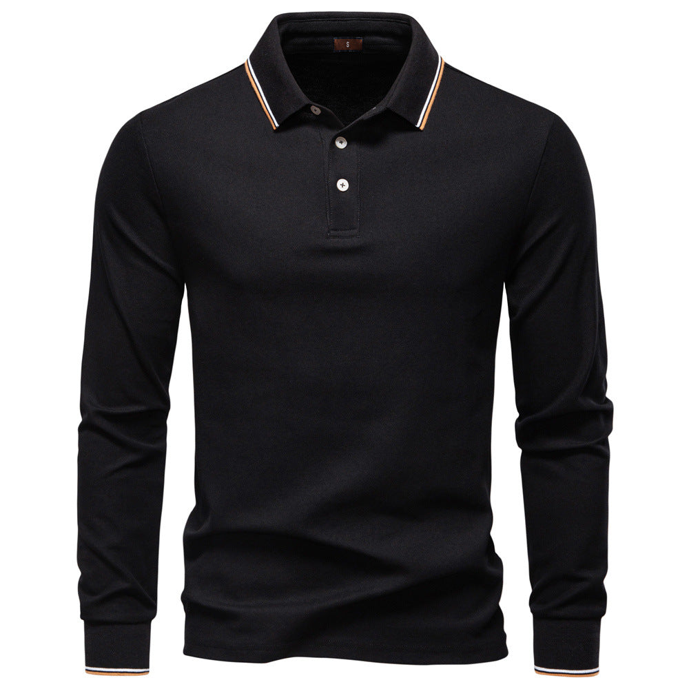 Long Sleeve Polo Shirt with Stripe Collar - Ahaselected