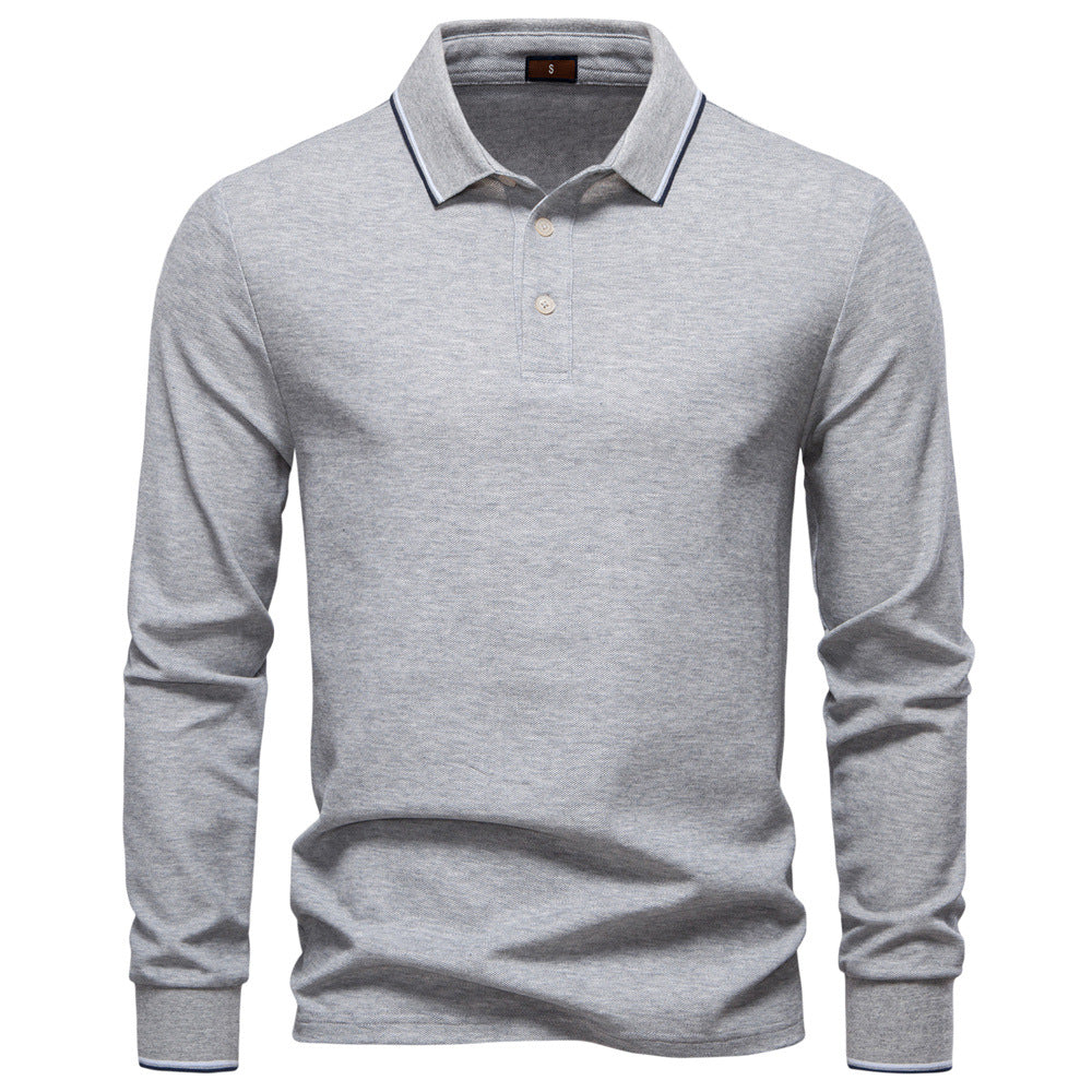 Long Sleeve Polo Shirt with Stripe Collar - Ahaselected