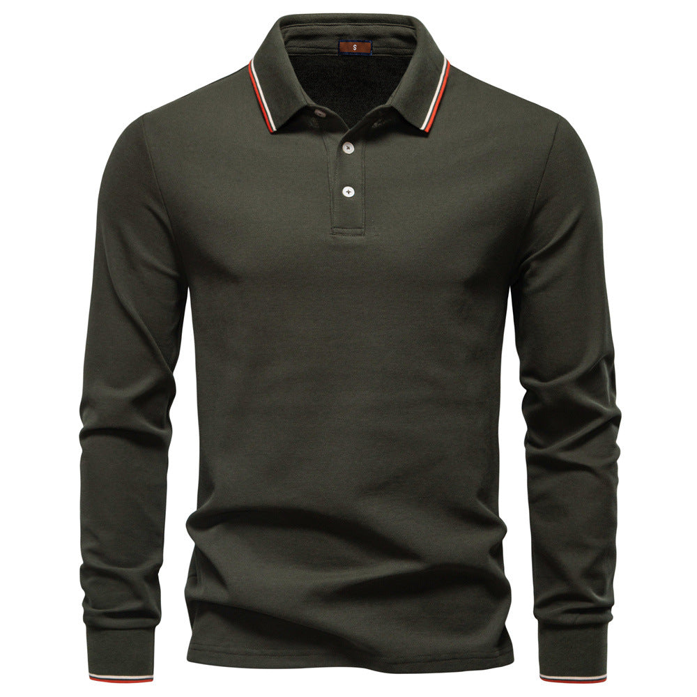 Long Sleeve Polo Shirt with Stripe Collar - Ahaselected