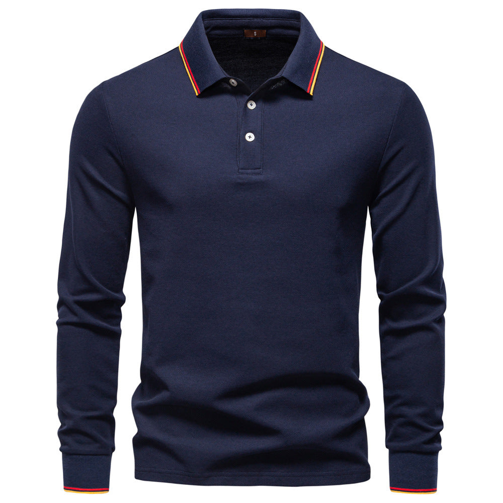 Long Sleeve Polo Shirt with Stripe Collar - Ahaselected