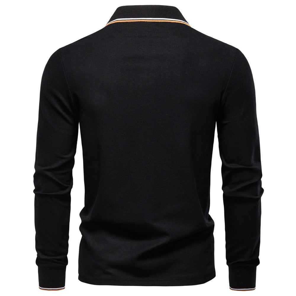 Long Sleeve Polo Shirt with Stripe Collar - Ahaselected