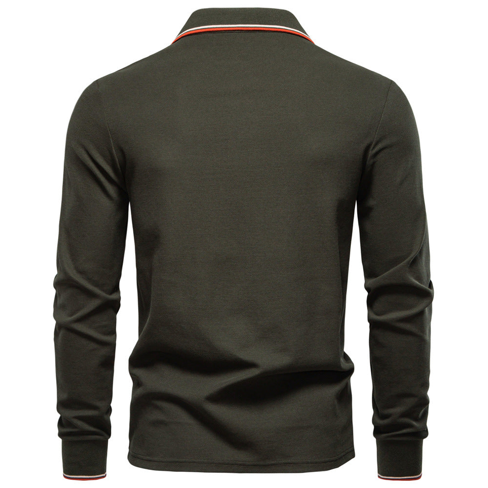Long Sleeve Polo Shirt with Stripe Collar - Ahaselected