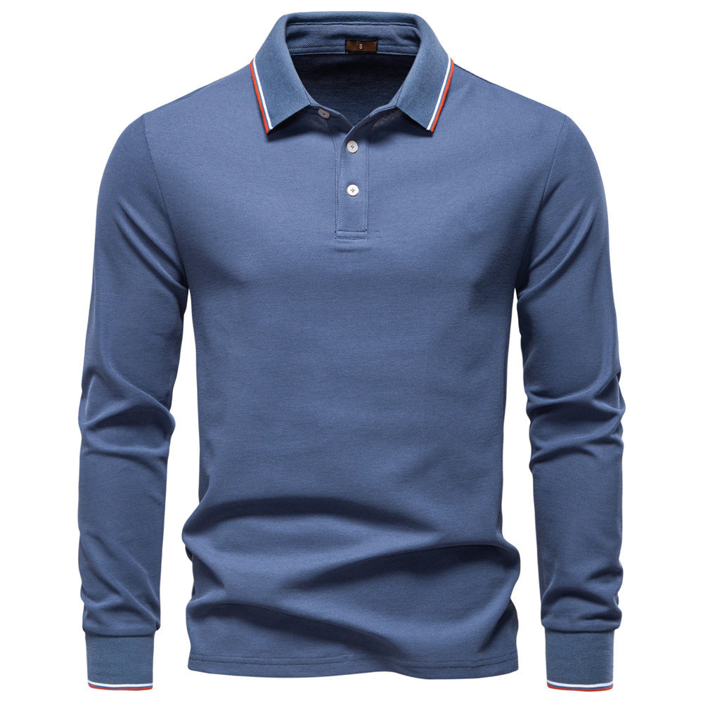 Long Sleeve Polo Shirt with Stripe Collar - Ahaselected