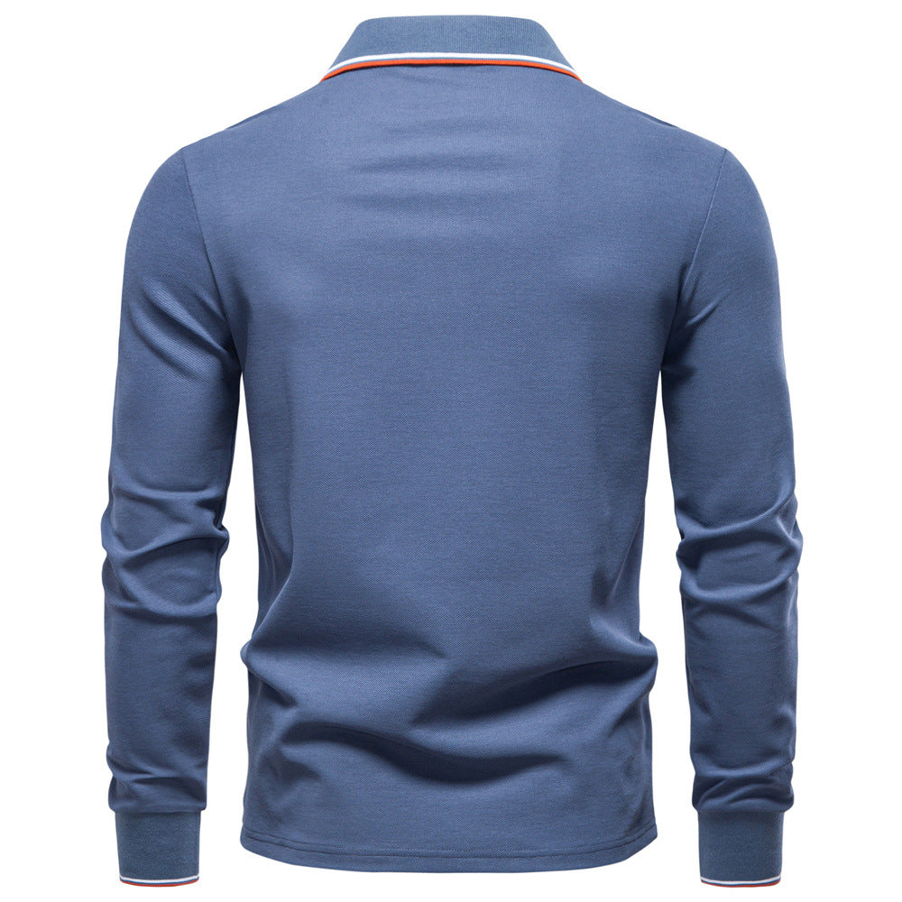 Long Sleeve Polo Shirt with Stripe Collar - Ahaselected