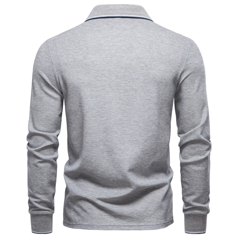 Long Sleeve Polo Shirt with Stripe Collar - Ahaselected