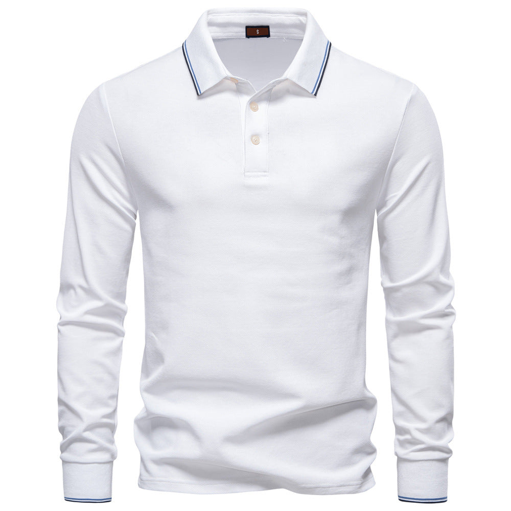 Long Sleeve Polo Shirt with Stripe Collar - Ahaselected