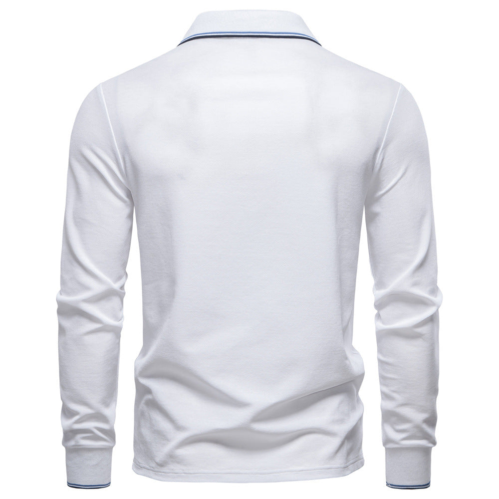 Long Sleeve Polo Shirt with Stripe Collar - Ahaselected