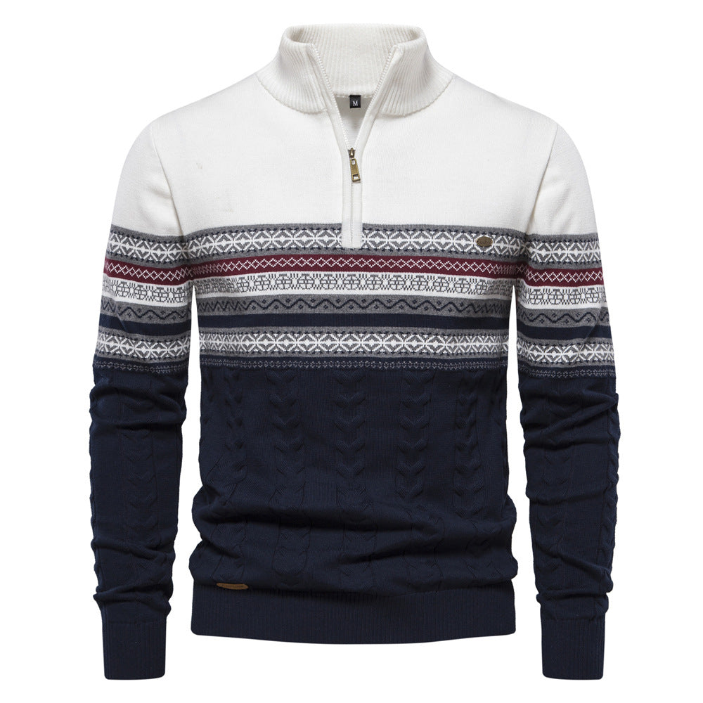 Nordic Pattern Stand Collar Half-Zip Knit Sweater - Ahaselected