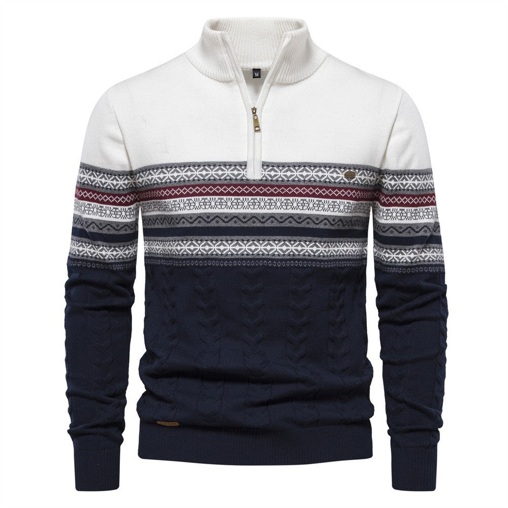 Nordic Pattern Stand Collar Half-Zip Knit Sweater - Ahaselected