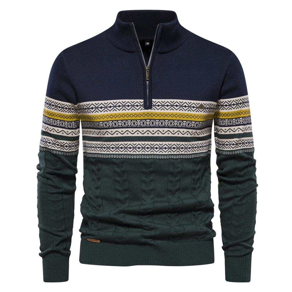 Nordic Pattern Stand Collar Half-Zip Knit Sweater - Ahaselected