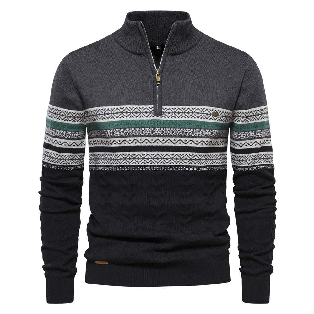 Nordic Pattern Stand Collar Half-Zip Knit Sweater - Ahaselected
