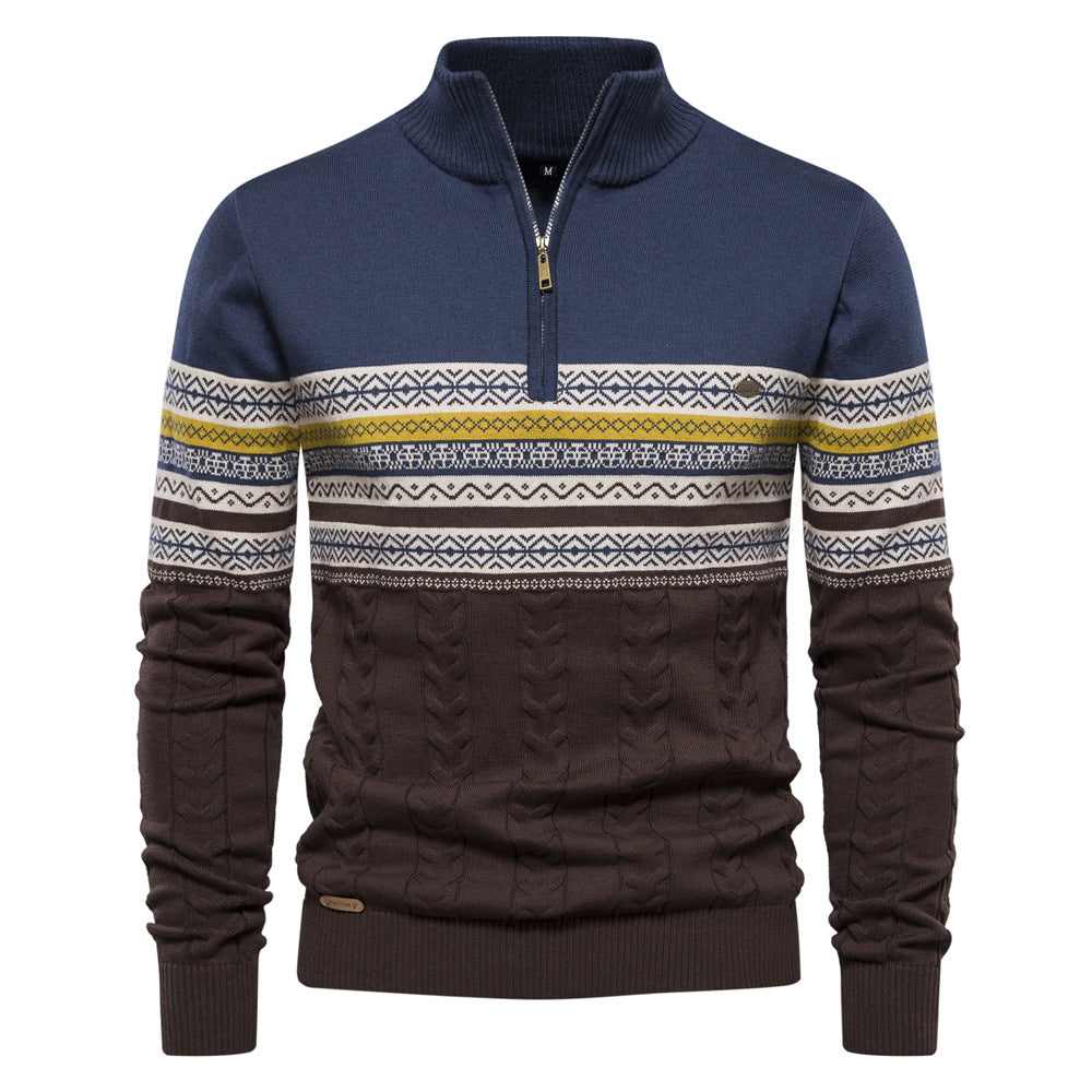 Nordic Pattern Stand Collar Half-Zip Knit Sweater - Ahaselected