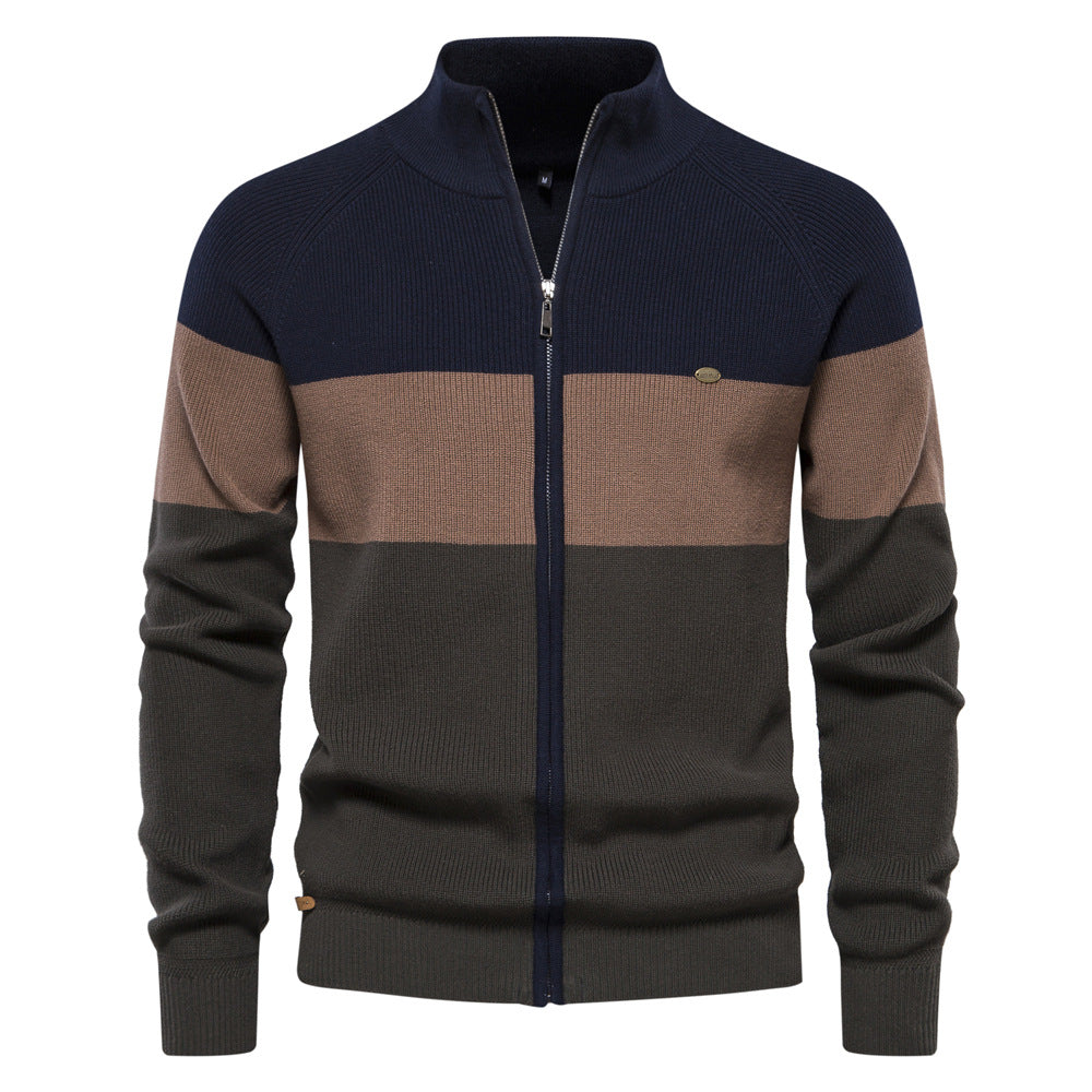 Full-Zip Stand Collar Color Block Cardigan - Ahaselected