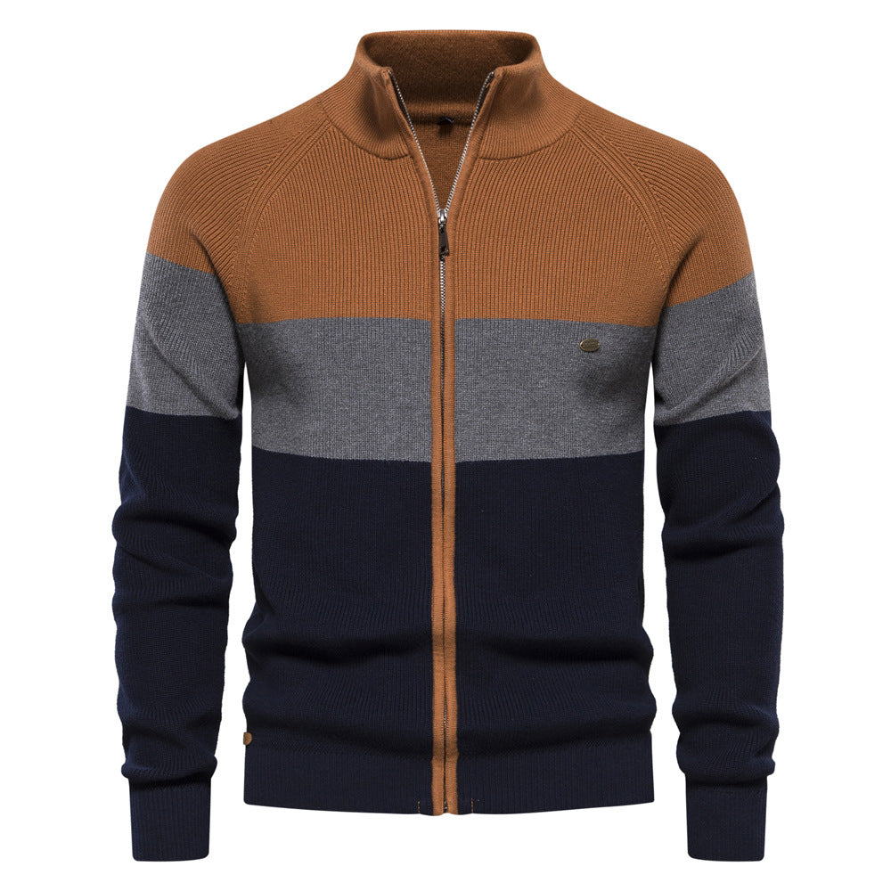 Full-Zip Stand Collar Color Block Cardigan - Ahaselected
