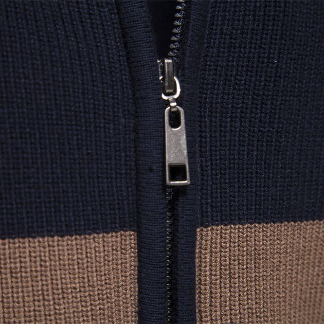 Full-Zip Stand Collar Color Block Cardigan - Ahaselected