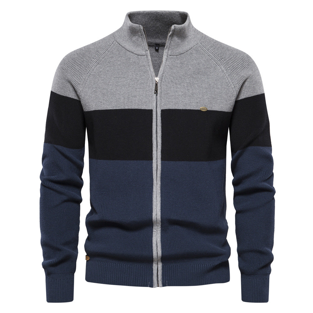 Full-Zip Stand Collar Color Block Cardigan - Ahaselected