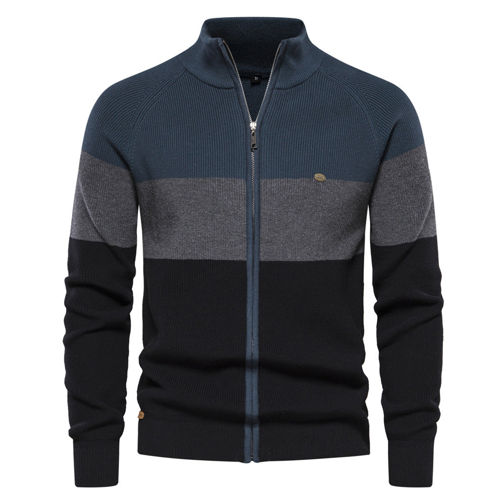 Full-Zip Stand Collar Color Block Cardigan - Ahaselected