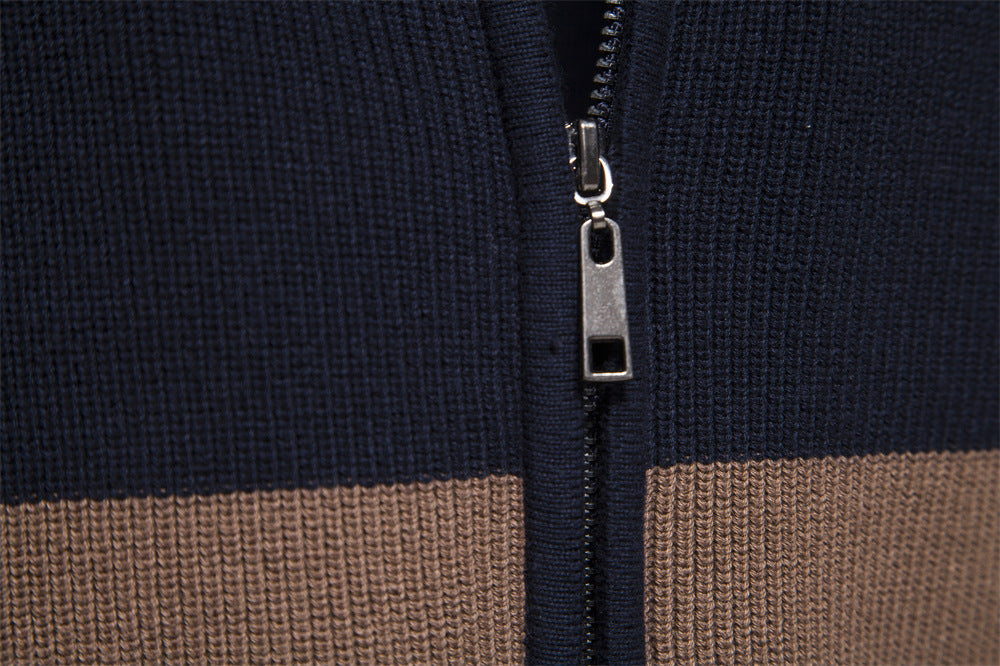 Full-Zip Stand Collar Color Block Cardigan - Ahaselected
