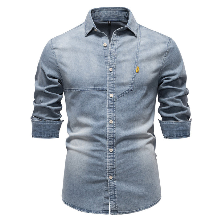 Chemise en denim décontractée pour homme, couleur unie, manches longues pour homme