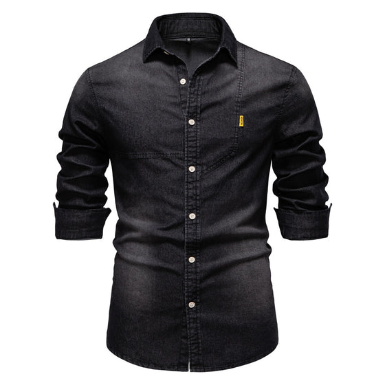 Chemise en denim décontractée pour homme, couleur unie, manches longues pour homme