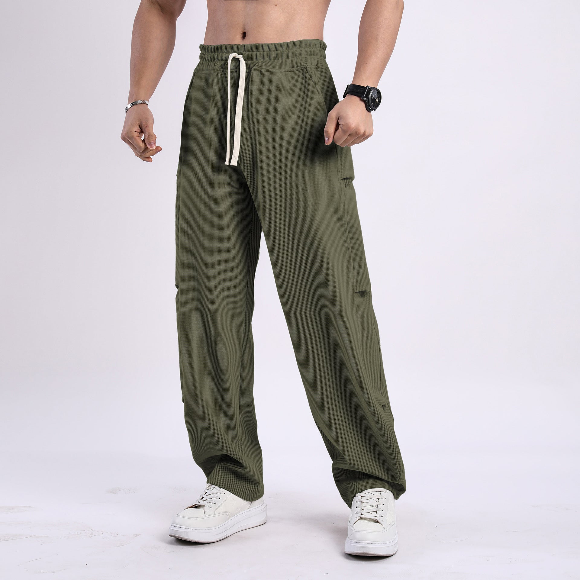 Waffle Texture Wide-Leg Straight Jogger Pants-thumbmail-9