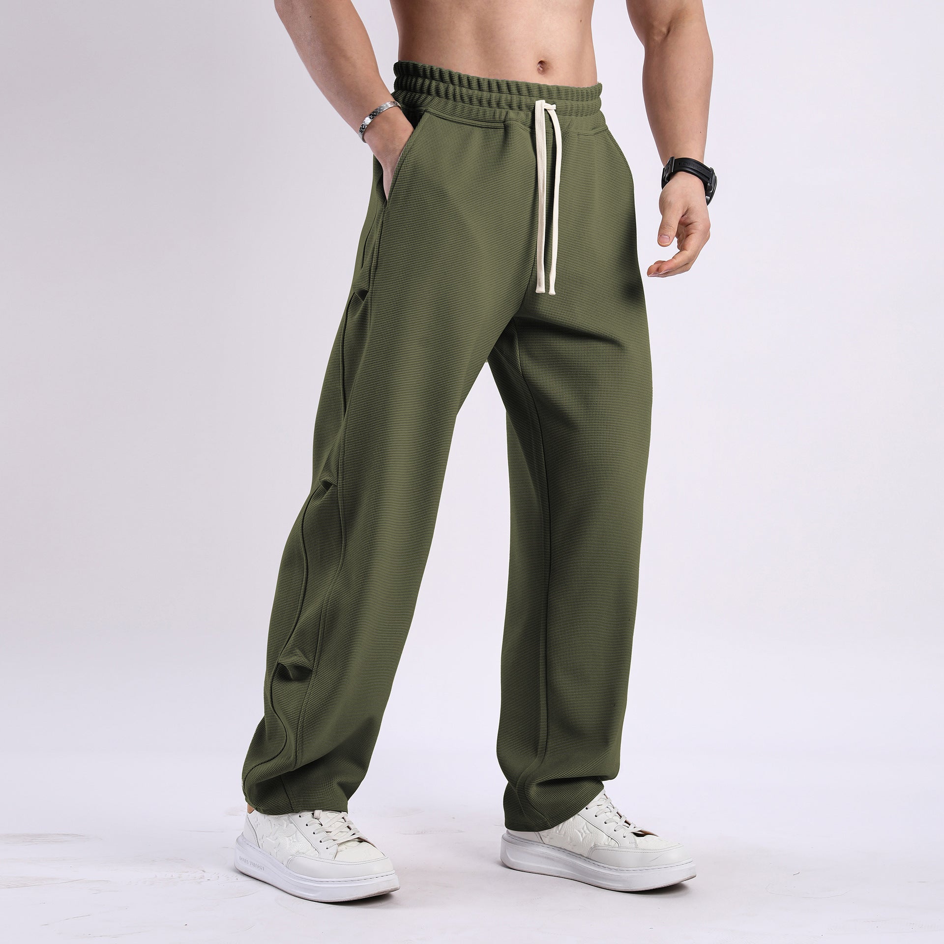 Waffle Texture Wide-Leg Straight Jogger Pants-thumbmail-11