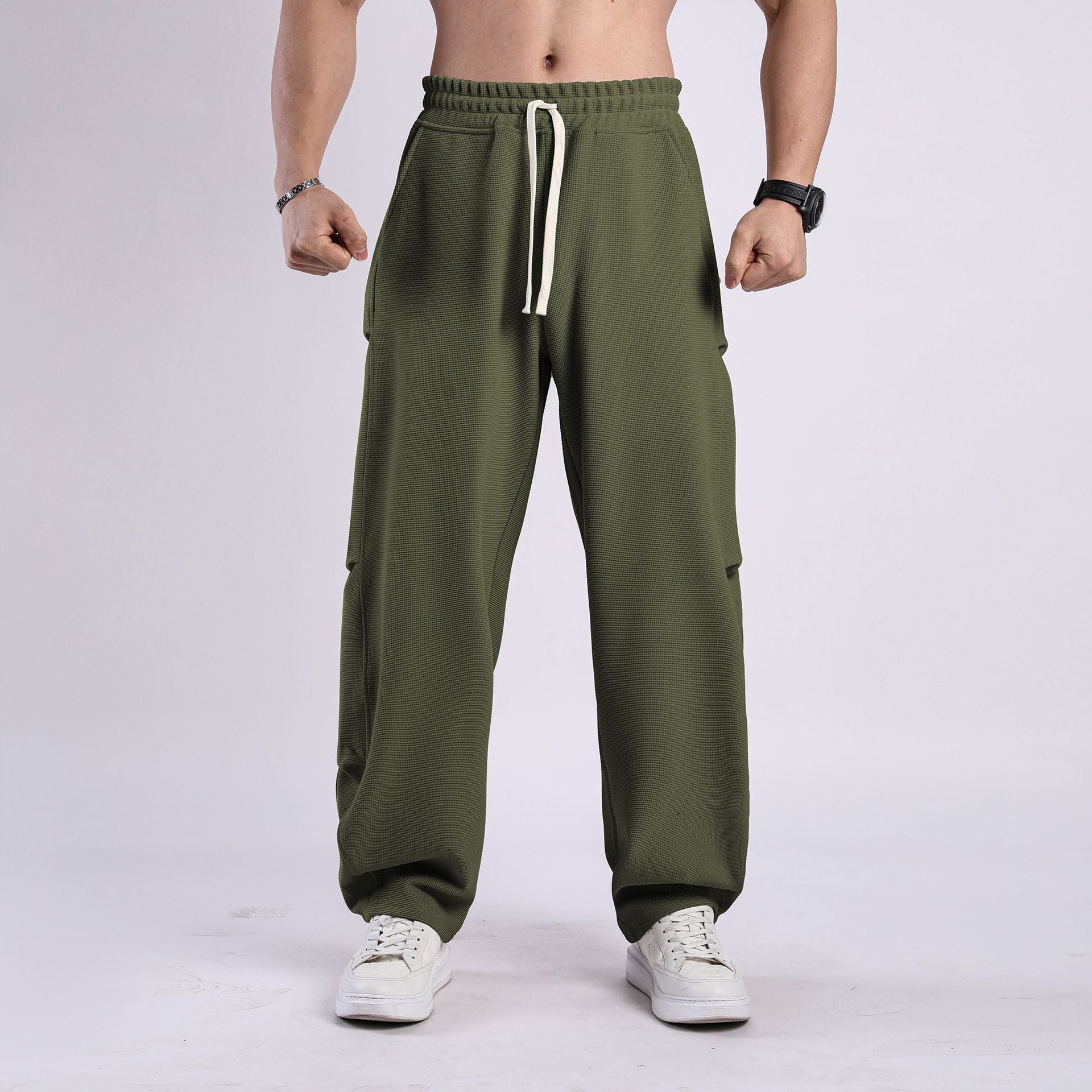 Waffle Texture Wide-Leg Straight Jogger Pants-thumbmail-12