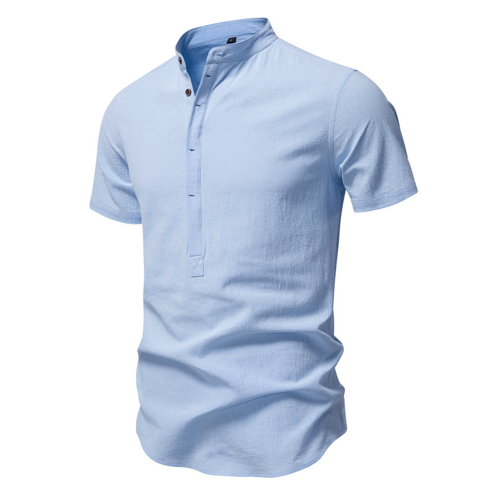Camicia da uomo a maniche corte in cotone con colletto alla coreana