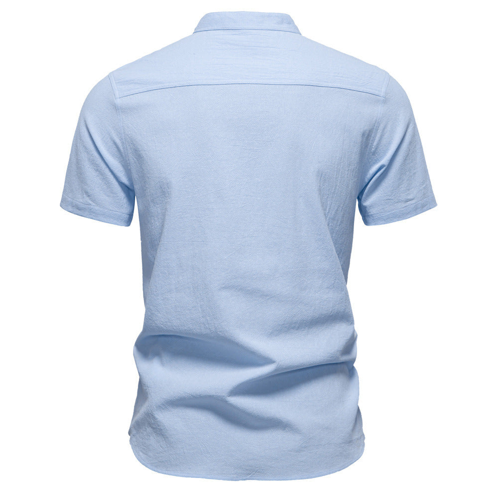 Men’s Cotton Mandarin Collar Short Sleeve Shirt-thumbmail-3