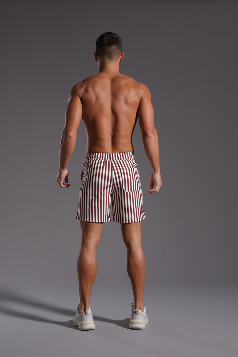 Shorts de mezcla de algodón a rayas con cintura elástica para hombre-thumbmail-8