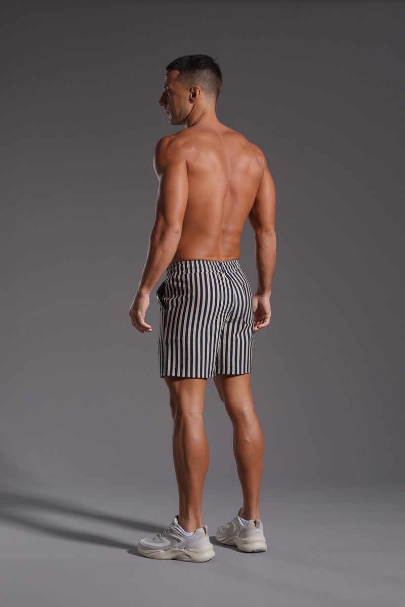 Shorts de mezcla de algodón a rayas con cintura elástica para hombre-thumbmail-16