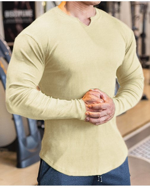 Muscle Fit V-Neck Long Sleeve Cotton Rib Knit Tech T-Shirt - Ahaselected